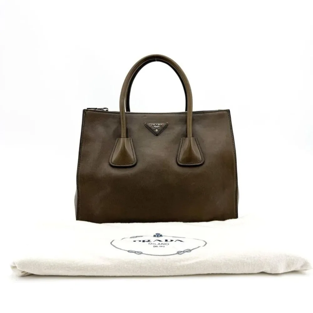 Prada Glass Calf Twin Pocket Tote Bag Brown